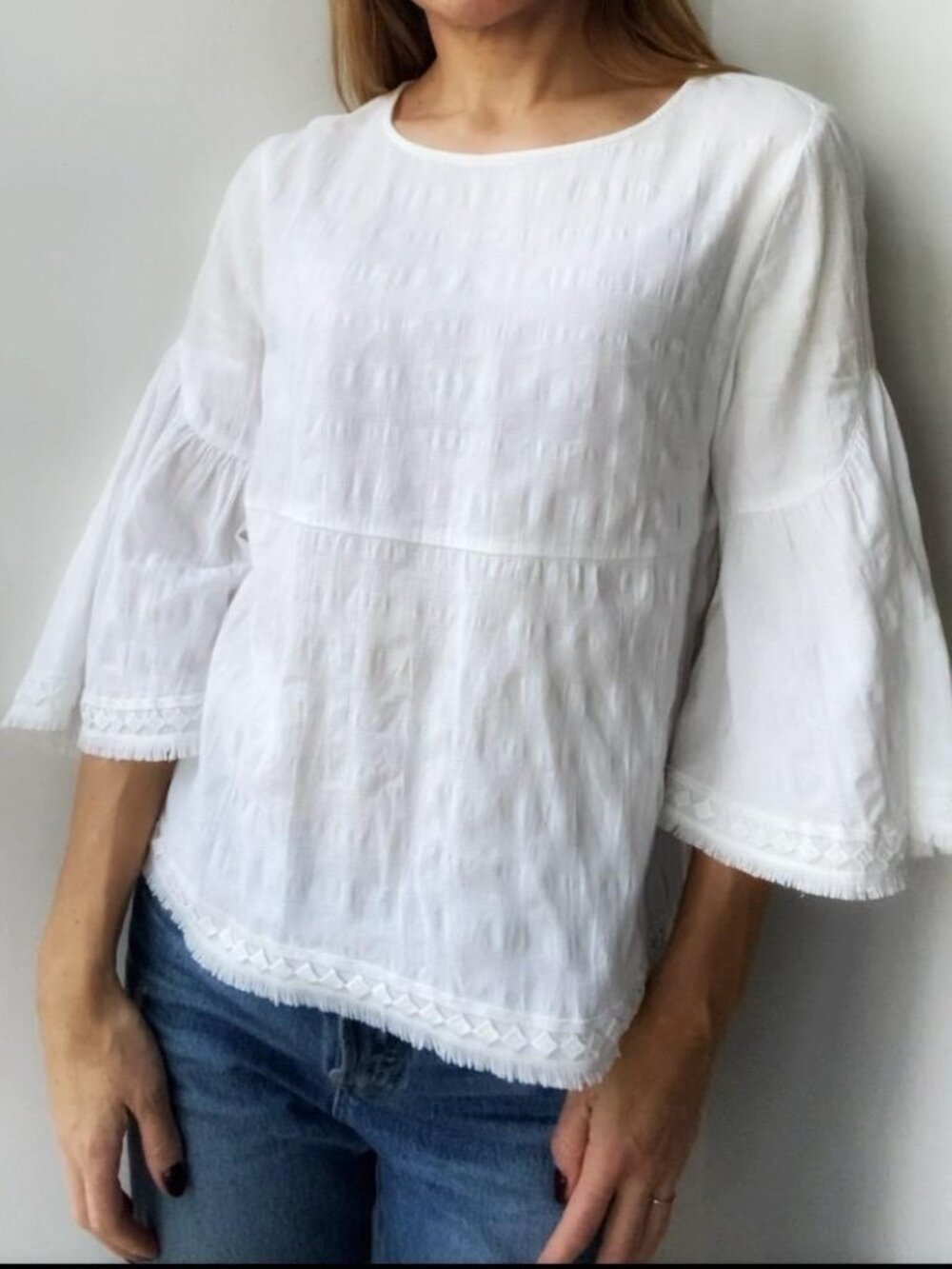 Anthropologie Dolan- -White Bell Sleeve Fringe Top- Size XS
